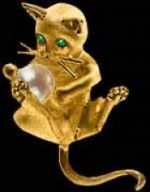 Gold Kitten with Pearl Ball Pendant or Pin